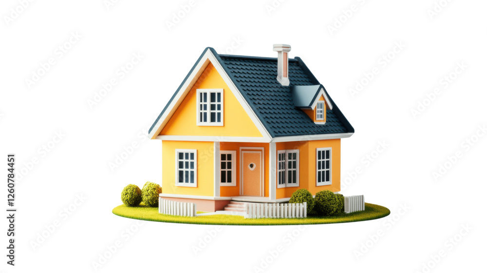 Charming yellow house with white picket fence on transparent background Charming yellow house with white picket fence on transparent background