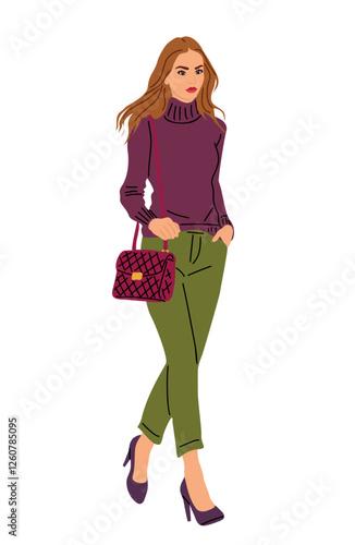 A woman in a purple sweater and green pants is walking with a red purse. She is wearing high heels and has a red purse