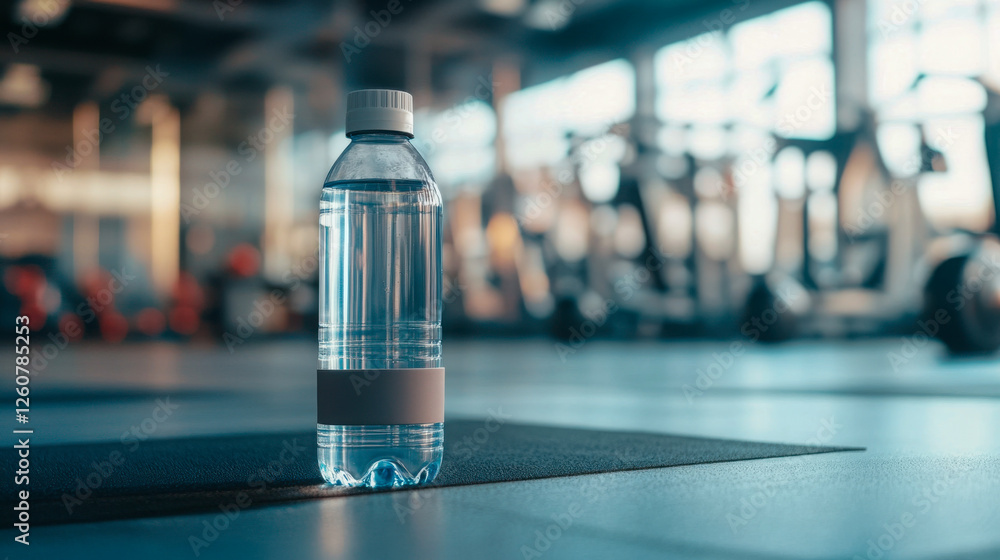Plastic water bottle with silicone sleeve placed on gym floor near workout area during a fitness session Plastic water bottle with silicone sleeve placed on gym floor near workout area during a fitness session