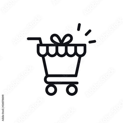 Simple line art shopping cart icon with gift, e-commerce symbolism