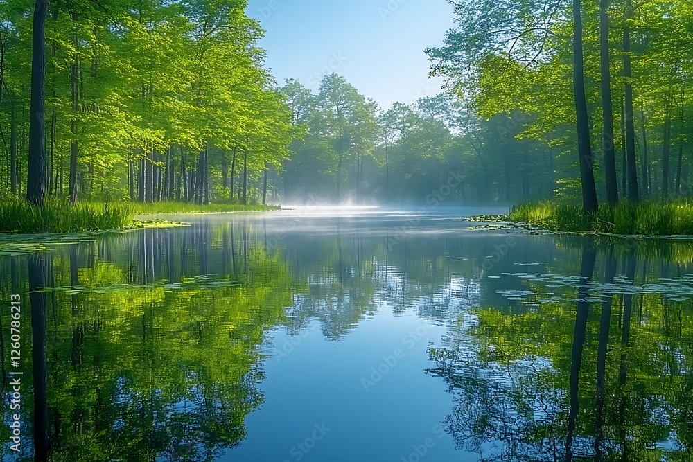 Serene morning landscape with mist over a calm lake surrounded by lush green trees Serene morning landscape with mist over a calm lake surrounded by lush green trees