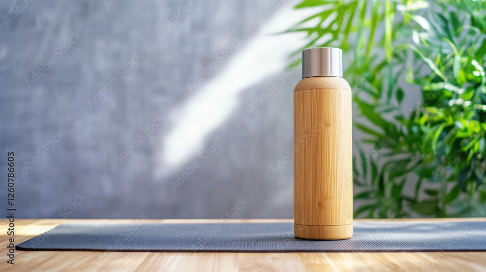 Sustainable bamboo sports water bottle placed on a yoga mat in a bright, serene indoor space surrounded by lush green plants Sustainable bamboo sports water bottle placed on a yoga mat in a bright, serene indoor space surrounded by lush green plants