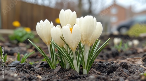 A cluster of delicate white crocus flowers emerges from the soil in a vibrant spring garden, capturing the essence of renewal and growth amidst various garden plants.