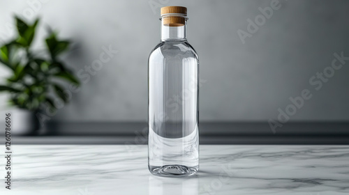 Glass sports water bottle with screw cap placed on a wooden table catching sunlight in a minimalist setting photo