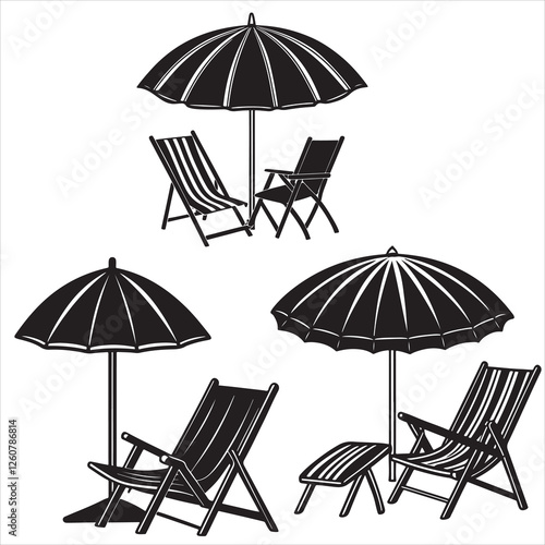 set vector various beach umbrella, beach chair silhouettes