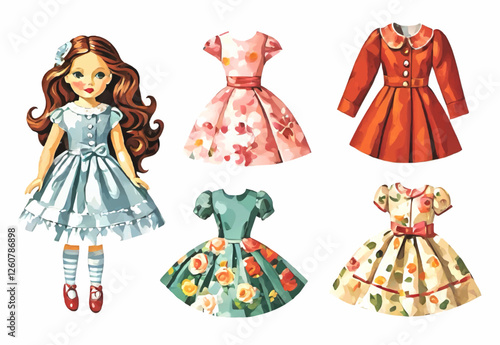 vintage fashion doll with dresses vector illustration