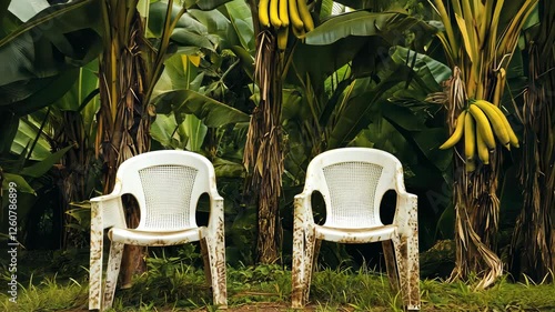 Two slightly worn white plastic chairs surround by a lush tropical setting with dense banana trees.