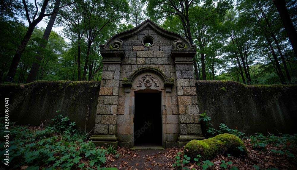 Obraz premium Abandoned stone structure in a lush green forest