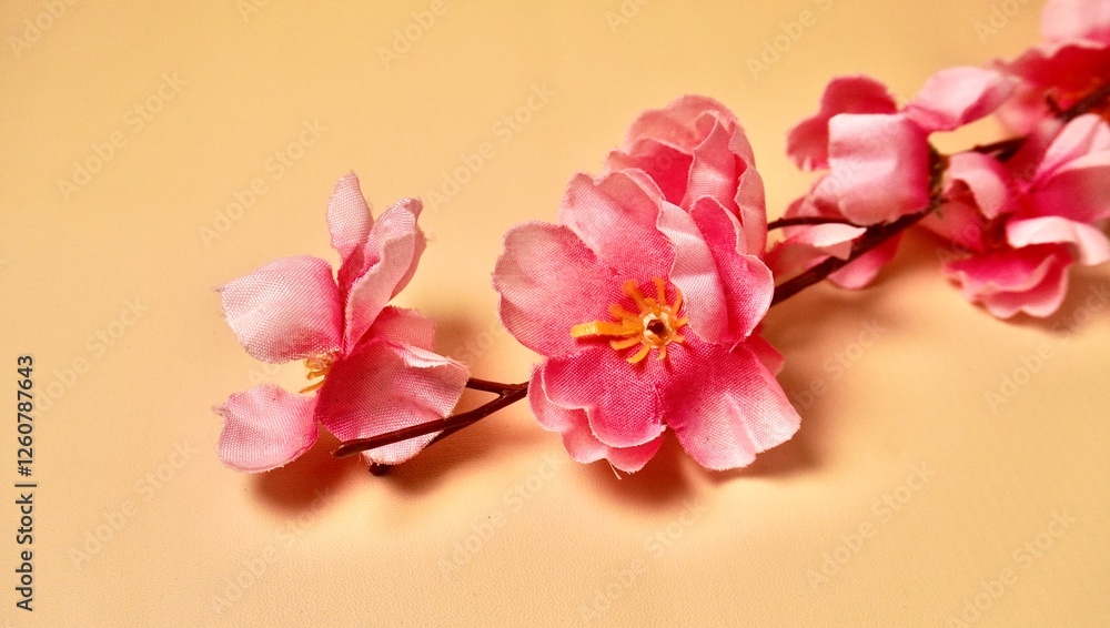 Close up oriental styled pink plastic sakura flowers decoration isolated on horizontal brown cream background. Close up oriental styled pink plastic sakura flowers decoration isolated on horizontal brown cream background.