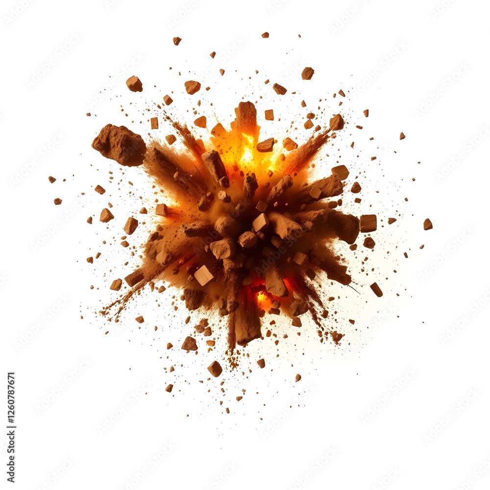 A powerful explosion of earth and debris, captured in stunning detail with fiery bursts and airborne fragments, conveying intense energy and motion. A powerful explosion of earth and debris, captured in stunning detail with fiery bursts and airborne fragments, conveying intense energy and motion.