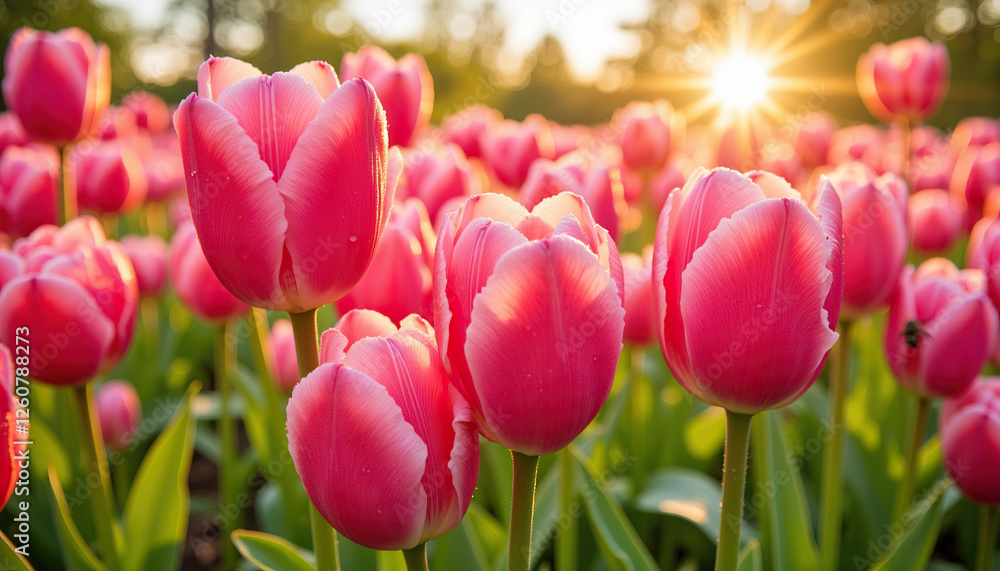 Pink tulips blooming in sunlight against a garden background Pink tulips blooming in sunlight against a garden background