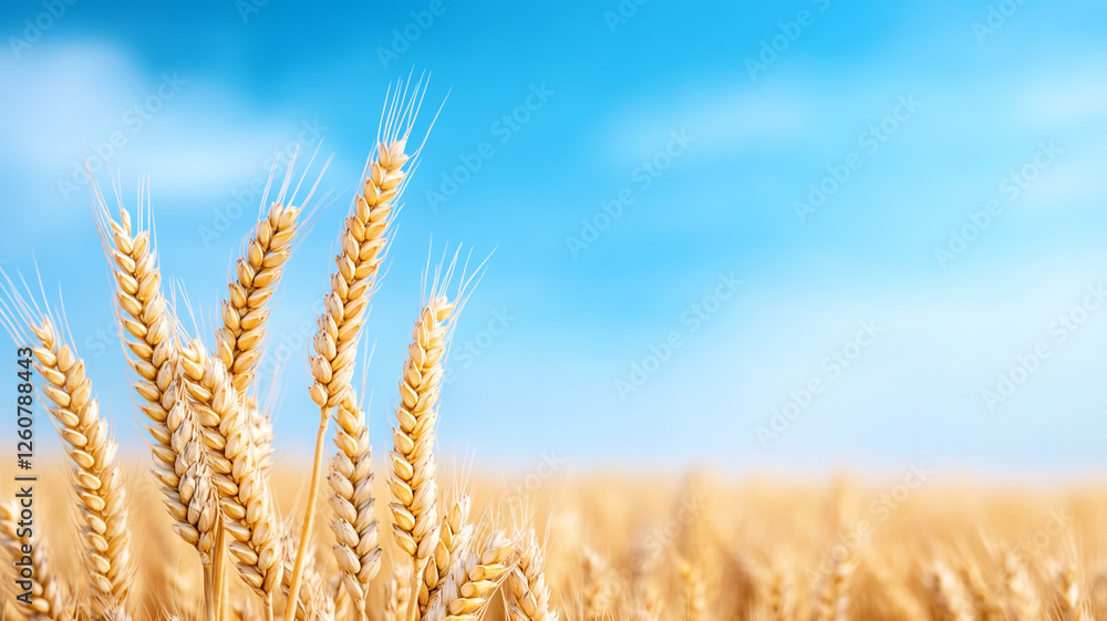 Fototapeta premium Golden wheat field under vast blue sky, serene landscape of nature