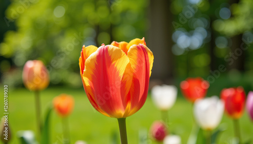 Colorful tulip blooming in a sunny garden