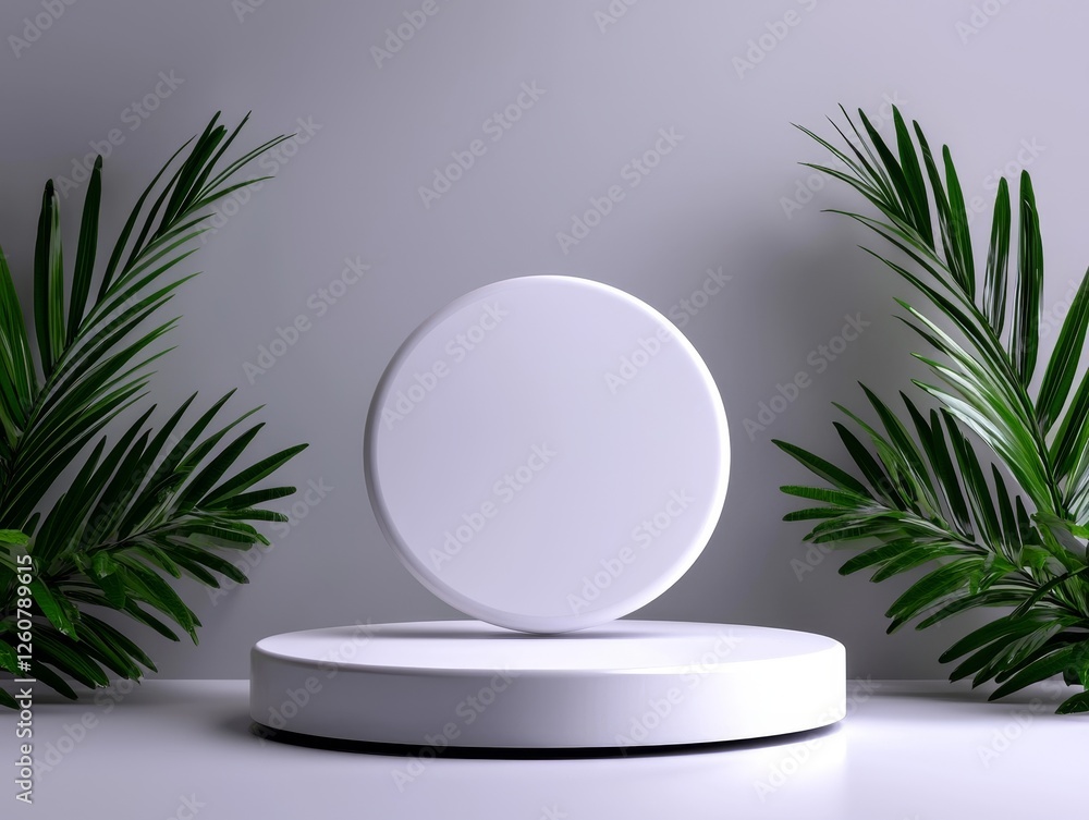 A minimalist display featuring circular platforms surrounded by lush green palm leaves against a neutral background. A minimalist display featuring circular platforms surrounded by lush green palm leaves against a neutral background.