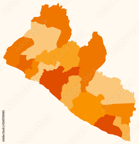 Map of Liberia with regions. Just a simple country border map with region division. Orange color palette. Flat Republic of Liberia shape with administrative division. Vector illustration.