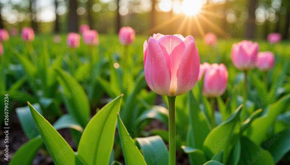 Fototapeta premium Pink tulip blooming in sunlight with green leaves