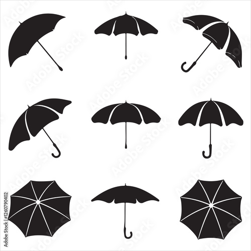 set vector various beach umbrella, beach chair silhouettes