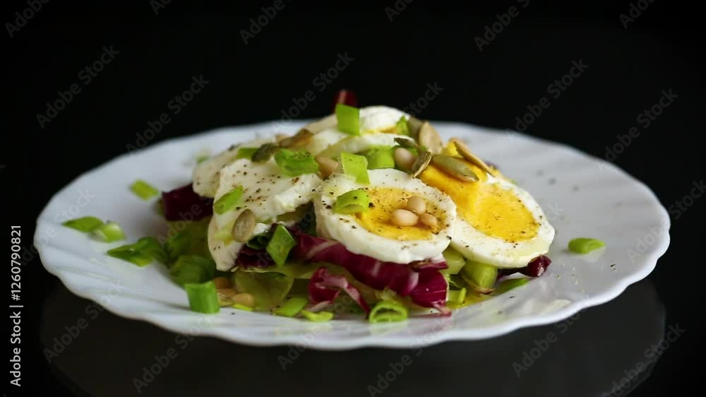 Salad with seeds and vegetables in a plate, isolated on a black background. Salad with seeds and vegetables in a plate, isolated on a black background.