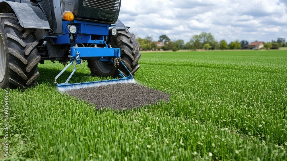 Obraz premium A tractor spreads pesticide on vibrant green grass in springtime France, illustrating modern farming techniques in a scenic landscape