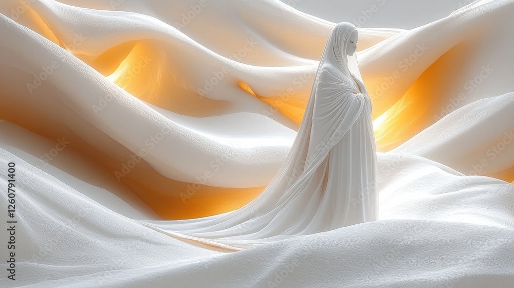 Ethereal figure draped in flowing white fabric against a soft, glowing background Ethereal figure draped in flowing white fabric against a soft, glowing background