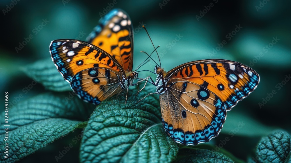 Two vibrant orange butterflies with spotted wings resting on lush green leaves in a tranquil setting. Two vibrant orange butterflies with spotted wings resting on lush green leaves in a tranquil setting.