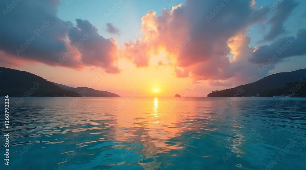 Naklejka premium Golden Sunset Over Tranquil Sea with Distant Islands ,Breathtaking Landscape