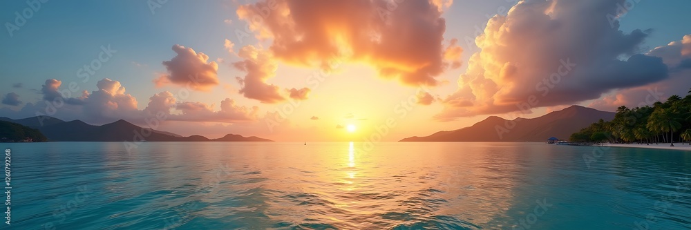 Golden Sunset Over Tranquil Sea with Distant Islands ,Breathtaking Landscape Golden Sunset Over Tranquil Sea with Distant Islands ,Breathtaking Landscape