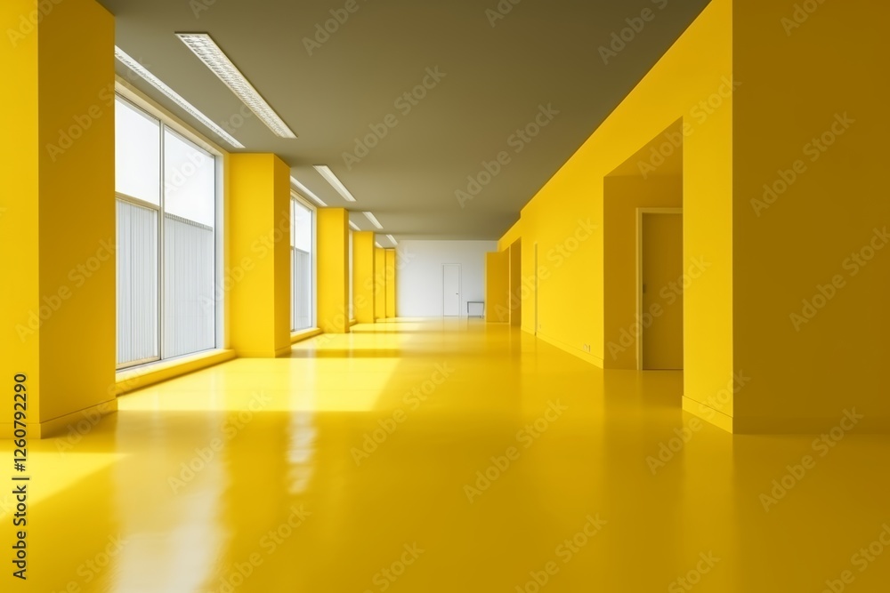 Fototapeta premium Minimalist empty yellow corridor with windows to the floor.