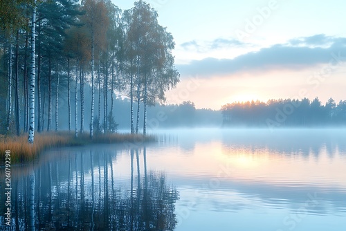Fototapeta Naklejka Na Ścianę i Meble -  Serene sunrise over a misty lake surrounded by birch trees, reflecting calm waters