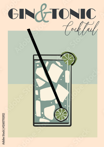 Gin and Tonic Cocktail retro poster with tall glass full of ice cubes and lime wheel. Colorful flat vector illustration