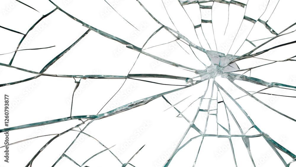 Obraz premium Close-Up of Shattered Glass with Cracks Radiating from Impact isolated on white background as transparent. PNG. AI GENERATED