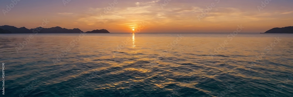 Golden Sunset Over Tranquil Sea with Distant Islands ,Breathtaking Landscape Golden Sunset Over Tranquil Sea with Distant Islands ,Breathtaking Landscape