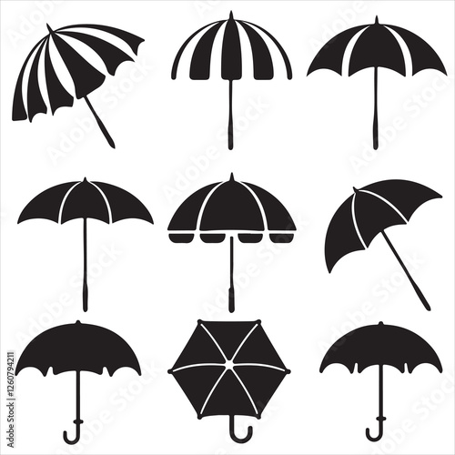 set vector various beach umbrella, beach chair silhouettes