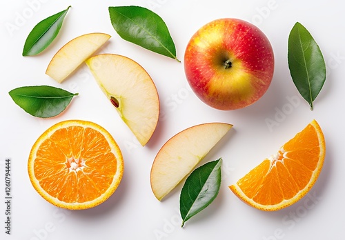 Colorful Apple And Orange Slices On White Background photo