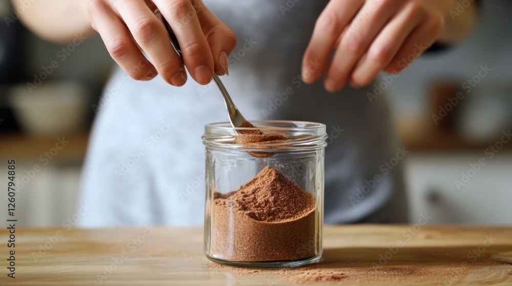 Cocoa powder being scooped from a glass jar on a kitchen table Cocoa powder being scooped from a glass jar on a kitchen table