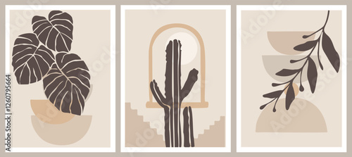 Set of Boho aesthetic abstract botanical wall arts. Trendy posters for Scandinavian, japandi interior design in neutral pastel colors. Bohemian collage prints. Mid Century Modern Vector illustrations.