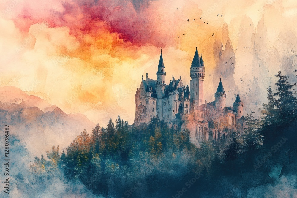 Fototapeta premium Castle in Mountains Watercolor