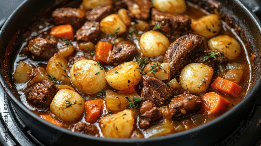 Aromatic Beef Stew in Cast Iron Skillet with Tender Vegetables and Herbs, Featuring Potatoes, Carrots, and Celery, Highlighting the Rustic Comfort of Hearty Homemade Cuisine Aromatic Beef Stew in Cast Iron Skillet with Tender Vegetables and Herbs, Featuring Potatoes, Carrots, and Celery, Highlighting the Rustic Comfort of Hearty Homemade Cuisine