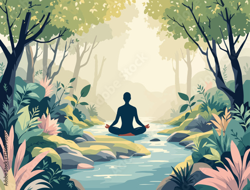 Mindfulness Meditation Vector Illustration: Peaceful Nature, Calming Setting, Zen Style, Pastel Colors, Soft Light, Tranquility, Serenity, Relaxation, Wellbeing, Mental Health