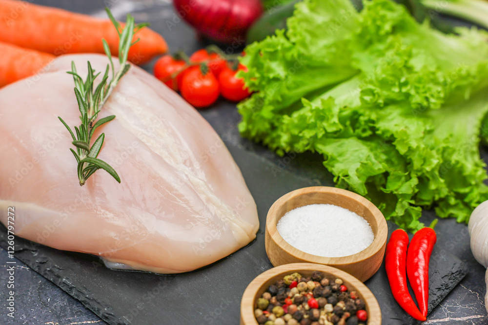 Chicken diet breast with a sprig of rosemary on top lying surrounded by herbs, seasonings and vegetables on a dark background close-up. The concept of healthy eating, dietary and natural products Chicken diet breast with a sprig of rosemary on top lying surrounded by herbs, seasonings and vegetables on a dark background close-up. The concept of healthy eating, dietary and natural products
