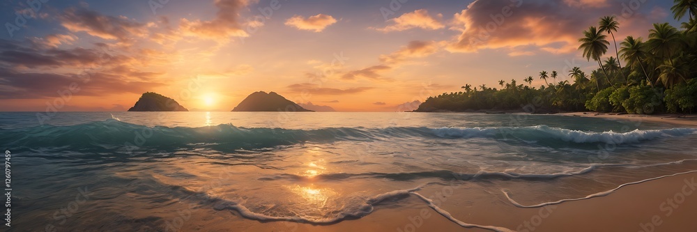 Golden Sunset Over Tranquil Sea with Distant Islands ,Breathtaking Landscape Golden Sunset Over Tranquil Sea with Distant Islands ,Breathtaking Landscape