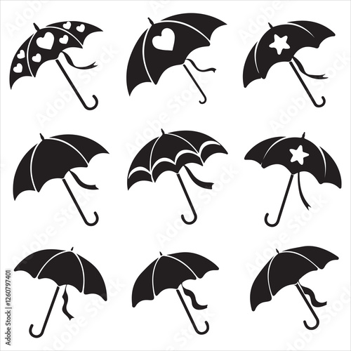 set vector various beach umbrella, beach chair silhouettes