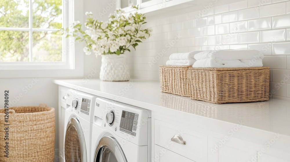 A bright and airy laundry room featuring a white washer and dryer set, subway tile backsplash, and stylish storage baskets. A bright and airy laundry room featuring a white washer and dryer set, subway tile backsplash, and stylish storage baskets.