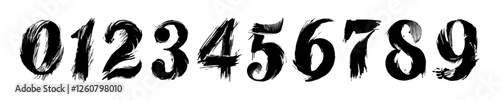 Set of numbers from 0 to 9 designed with bold brush strokes, creating an artistic, hand-painted, and grunge-style typography. Vector illustration