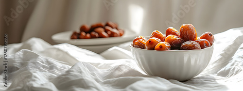 In the foreground, fresh dates in white ceramic bowl