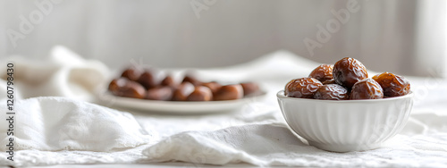 In the foreground, fresh dates in white ceramic bowl