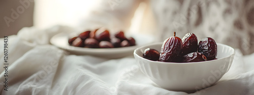 In the foreground, fresh dates in white ceramic bowl