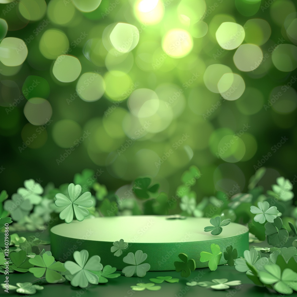 circular podium green clover leaves bokeh lights soft shadows st patrick's day