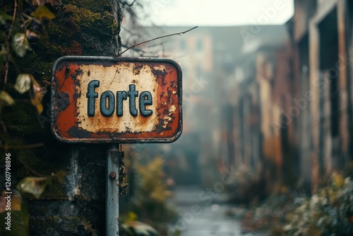 Rusty sign with the word 'forte' amidst a misty, abandoned alley lined with decaying buildings and overgrown vegetation in a mysterious setting. photo