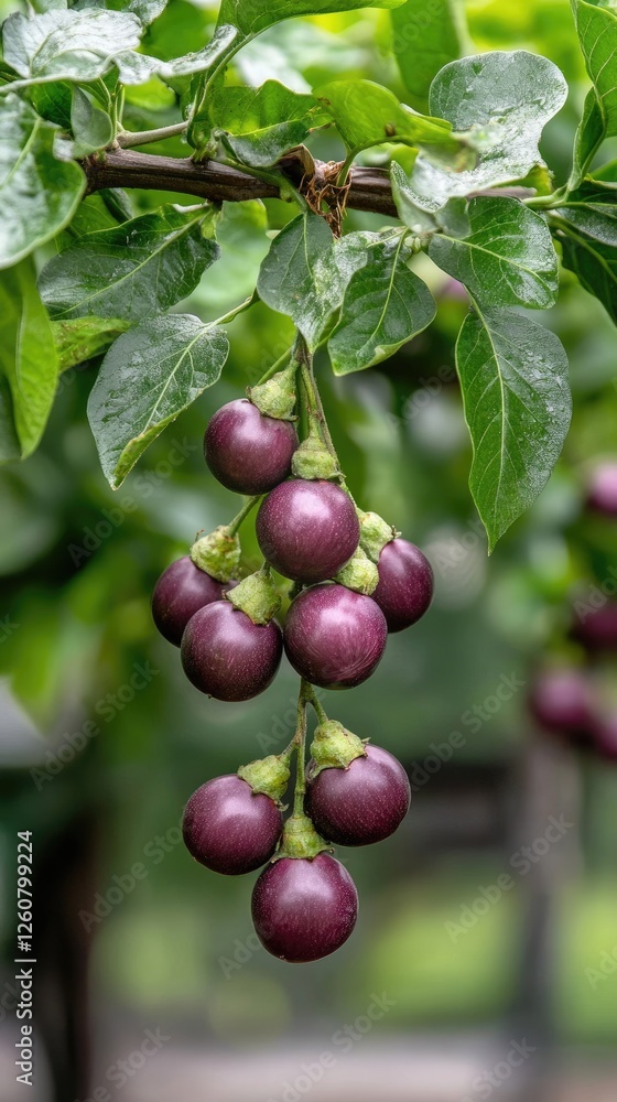 Black eggplants hang elegantly on the plant among vibrant green leaves in a flourishing garden setting, emphasizing freshness Black eggplants hang elegantly on the plant among vibrant green leaves in a flourishing garden setting, emphasizing freshness